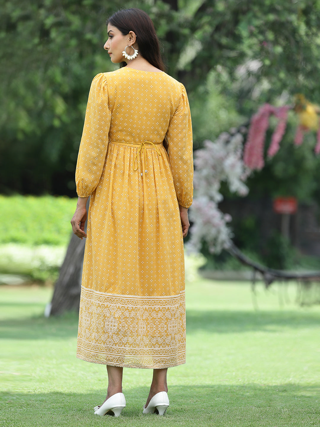 Women's Mustard Georgette Festive Khadi Print Flared Dress - Juniper