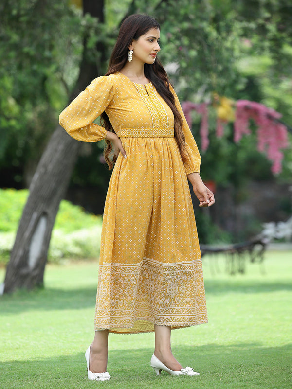 Women's Mustard Georgette Festive Khadi Print Flared Dress - Juniper