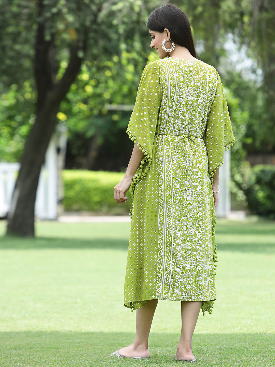 Women's Green Georgette Festive Bandhej Printed Straight Kaftan - Juniper