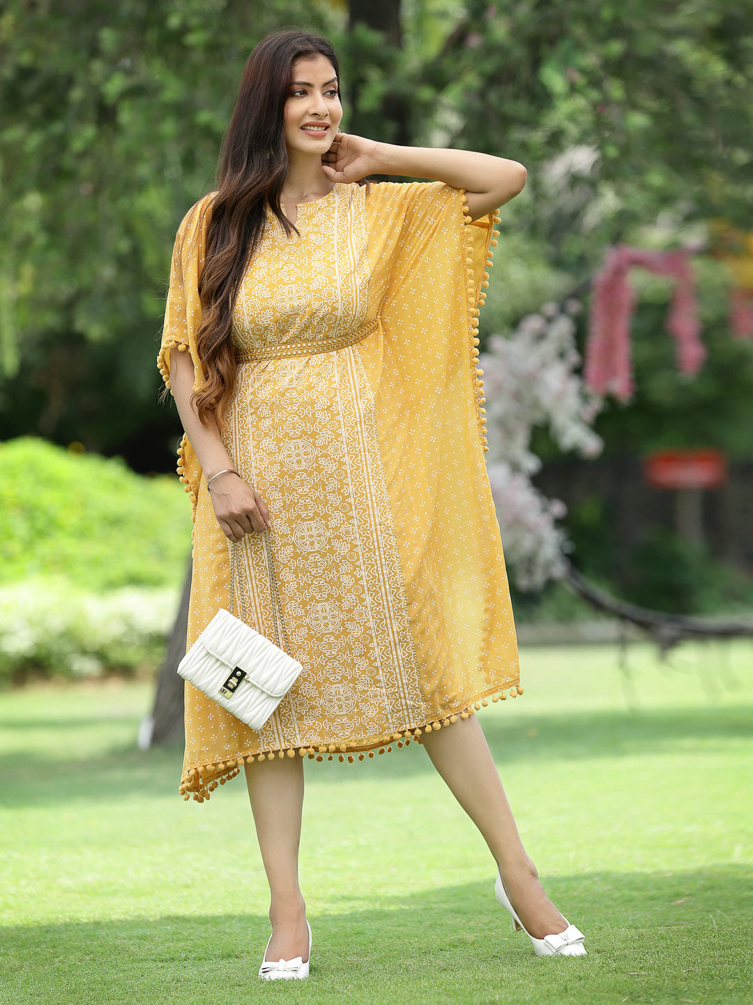 Women's Mustard Georgette Festive Bandhej Printed Straight Kaftan - Juniper