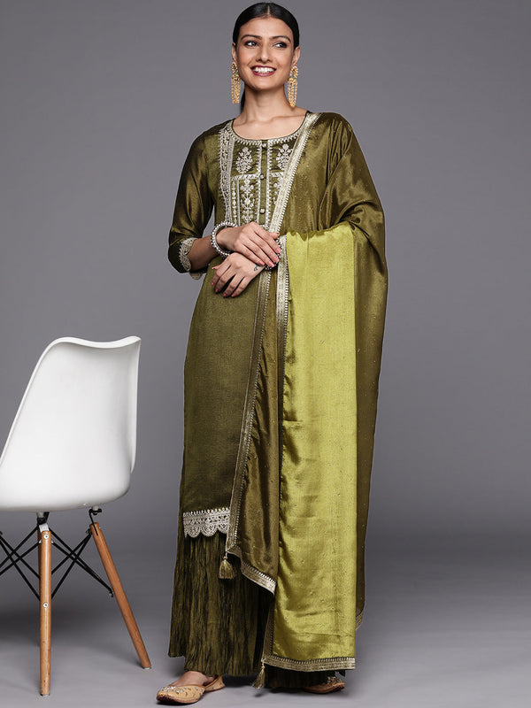 Olive Yoke Design Silk Blend Straight Sharara Suit Set With Dupatta