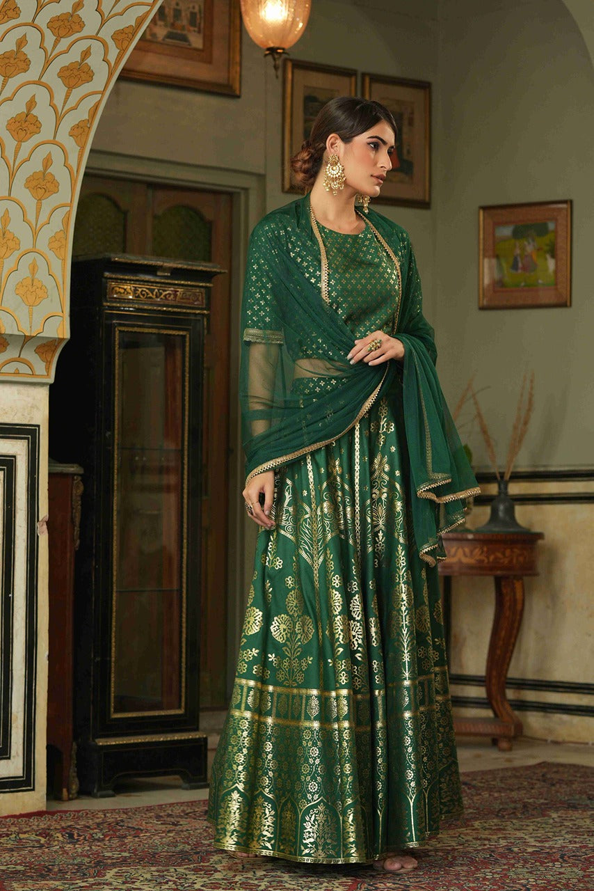 Women's Green Shantoon Slub Printed Lehenga, Choli & Dupatta Set - Juniper