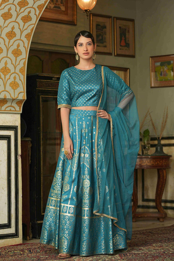 Jashvi Teal Santoon Slub Festive Foil Printed Lehenga Choli Set For Women