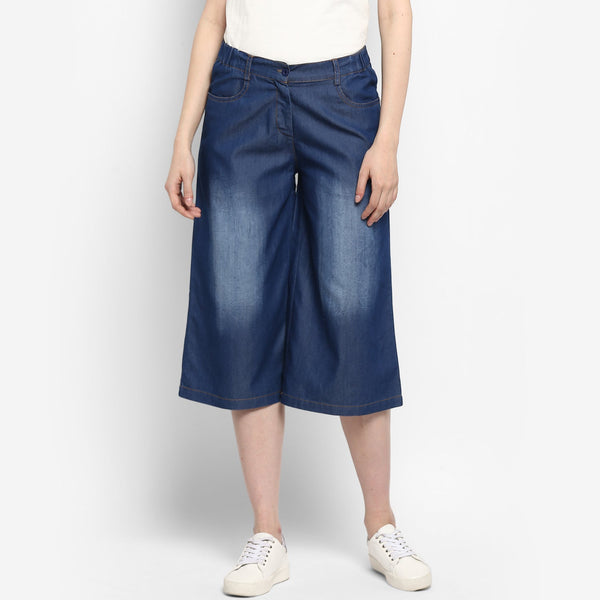 Women's Navy Blue Denim Culotte - StyleStone