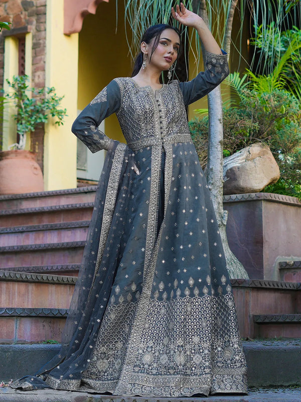 Jashvi Art Grey Embroidered Silk Anarkali Suit Set