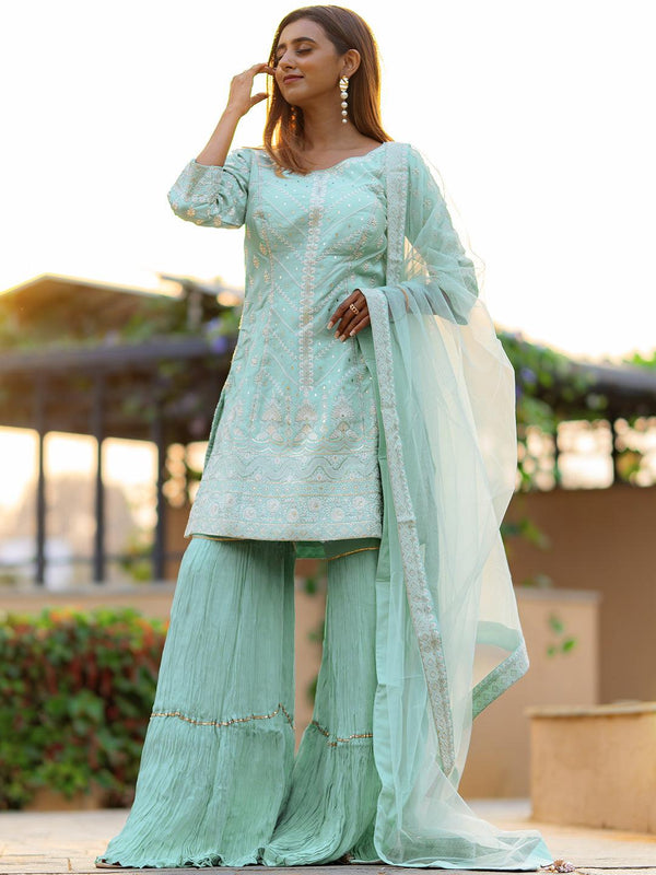 Jashvi Art Sea Green Embroidered Silk Straight Suit Set - Jashvi