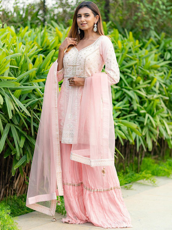 Jashvi Art Peach Embroidered Silk Blend A-Line Sharara Suit Set