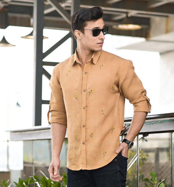 Men's Brown Linen Embroidery Shirt - Hatheli