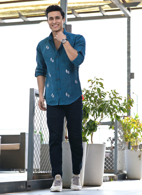 Men's Navy Blue Linen Embroidery Shirt - Hatheli