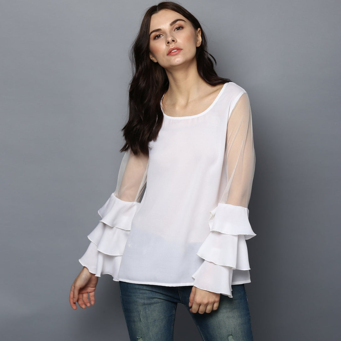 Women's White Net Tier Sleeve Top - Stylestone