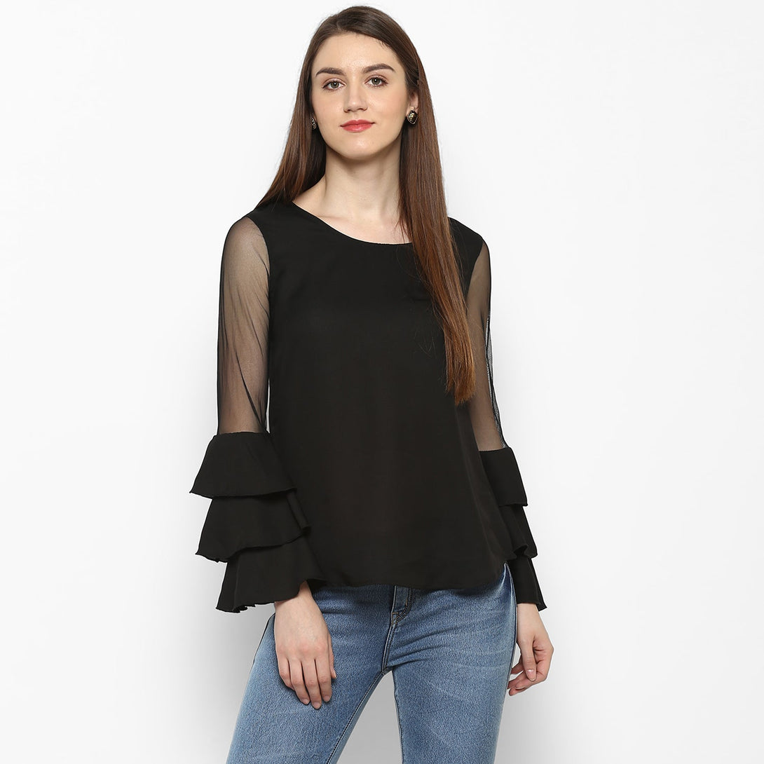 Women's Black Net Tier Sleeve Top - Stylestone