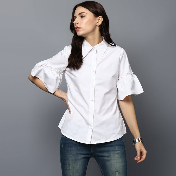 women's White Cotton Bell Sleeve Top - StyleStone