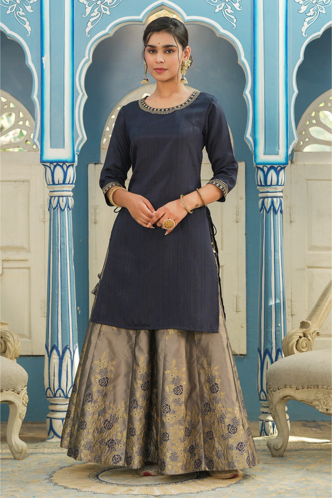 Women's Blue Brocade Kurta & Skirt Set - Juniper