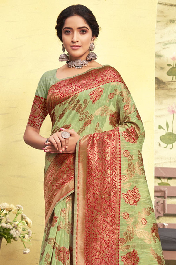 Women's Light Green Cotton Woven Zari Work Traditional Tassle Saree - Sangam Prints