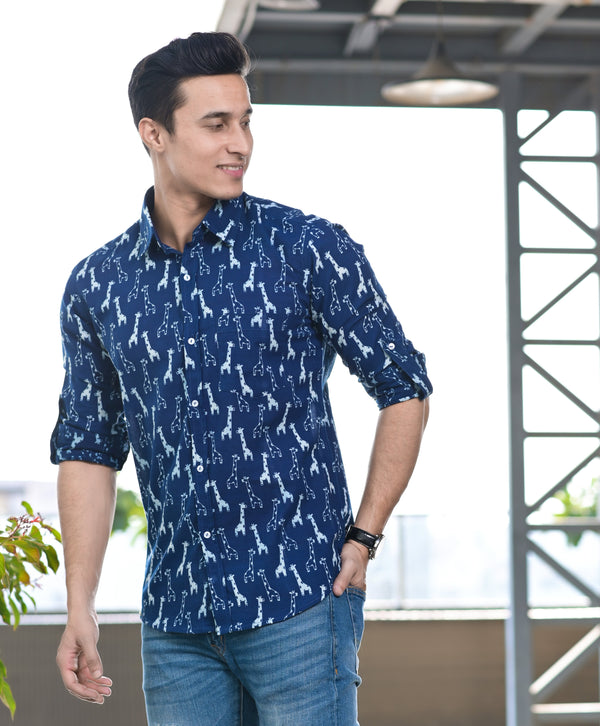 Men's Bagru Giraffe Print Indigo Cotton Shirt - Hatheli