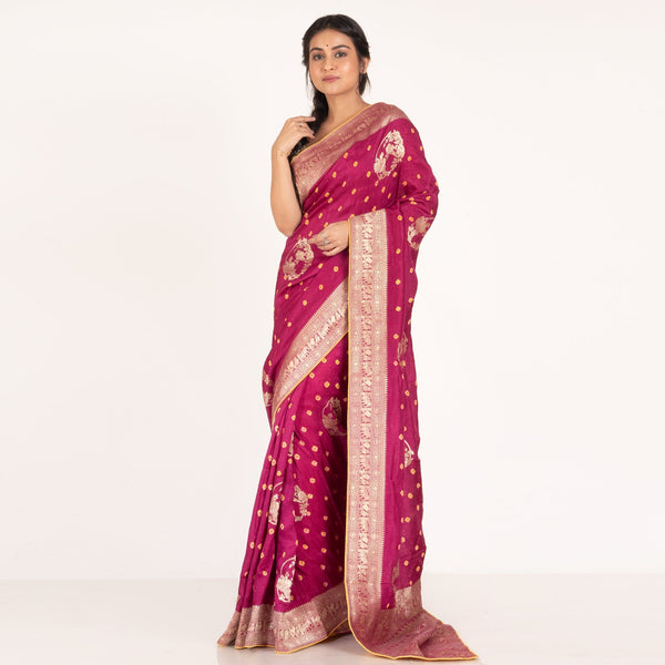 Women's Magenta Soft Silk Bandhej Saree With Zari Motifs And Border Pallu - Boveee