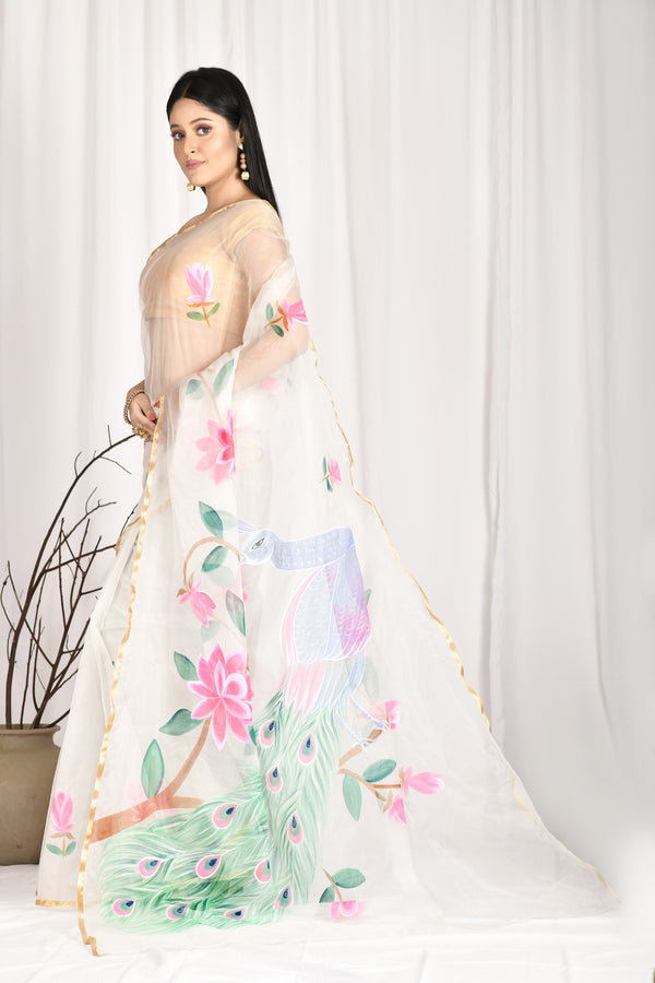 Women's Hand Painted Off White Saree With All-Over Vegetable Dyes With Blouse - Saras The Label