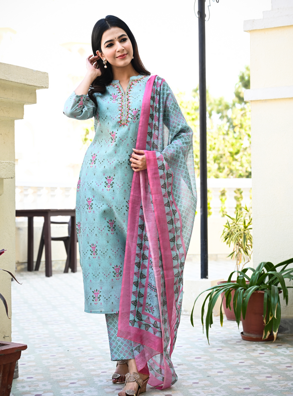 Women's Blue Handblock Dupatta Set - Yufta