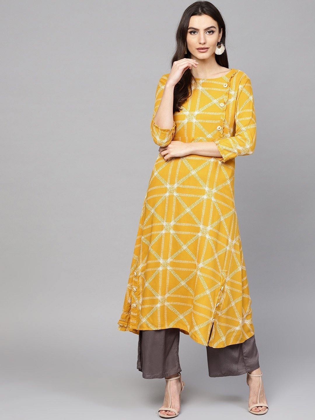 Women's Yellow & White A-Line Kurta - Yufta