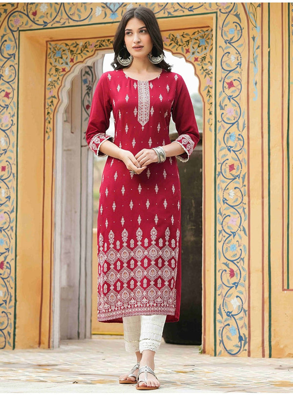 Women's Red Embellished Daily Wear Cotton Blend Kurta - Cheera