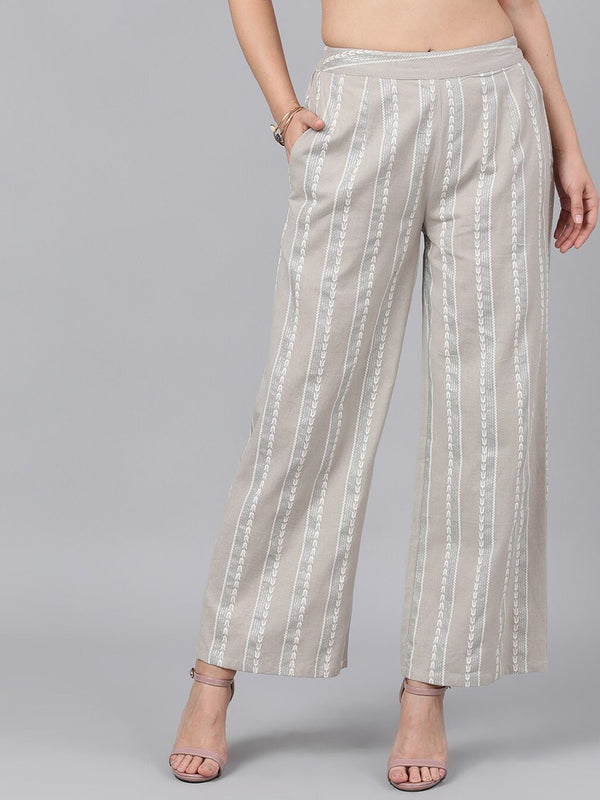 Women's  Grey & Off-White Printed Straight Palazzos - AKS