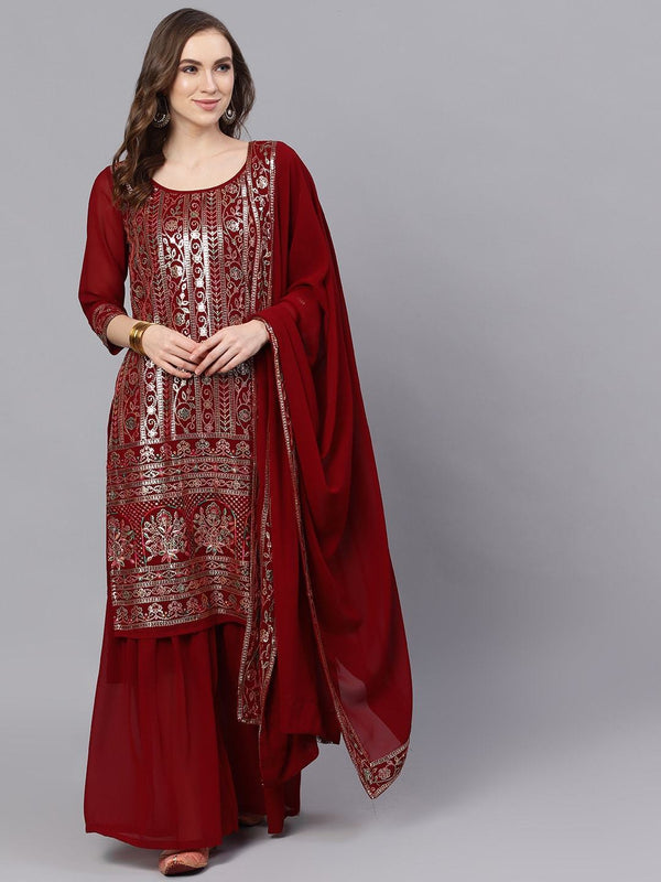 Women's  Maroon & Gold-Coloured Embroidered Kurta with Skirt & Dupatta - AKS