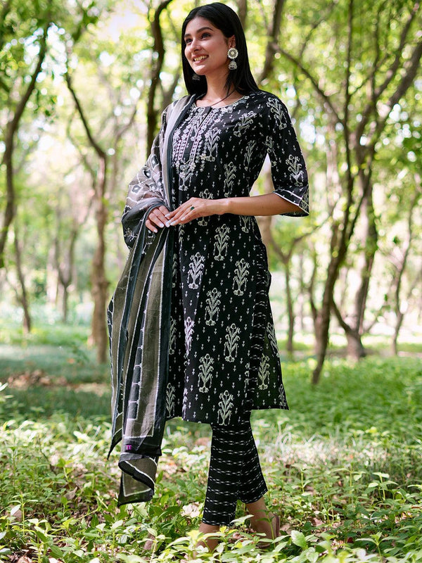 Black Printed Cotton Straight Kurta With Trousers & Dupatta - Jashvi