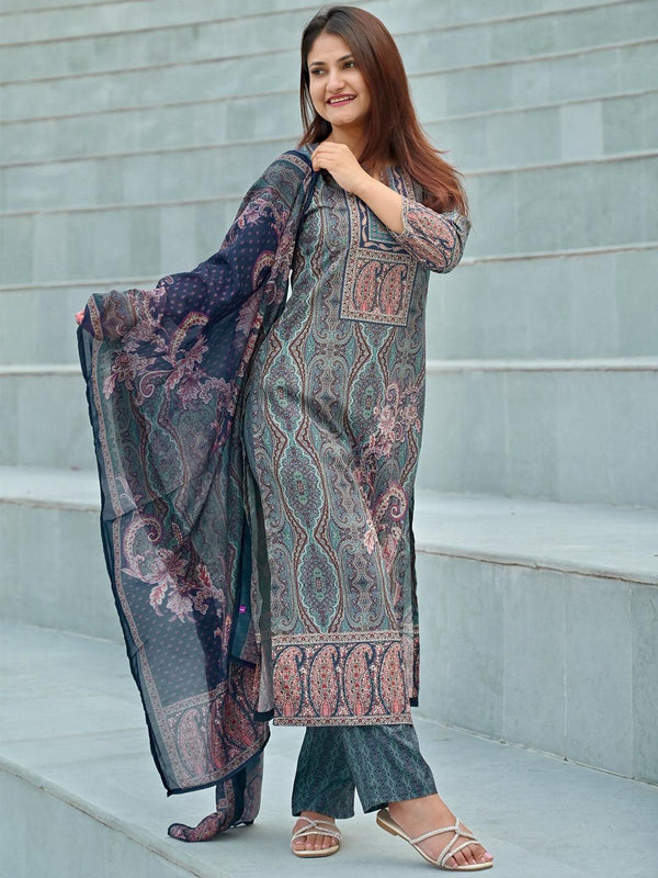 Blue Printed Crepe Straight Kurta With Trousers & Dupatta - Jashvi