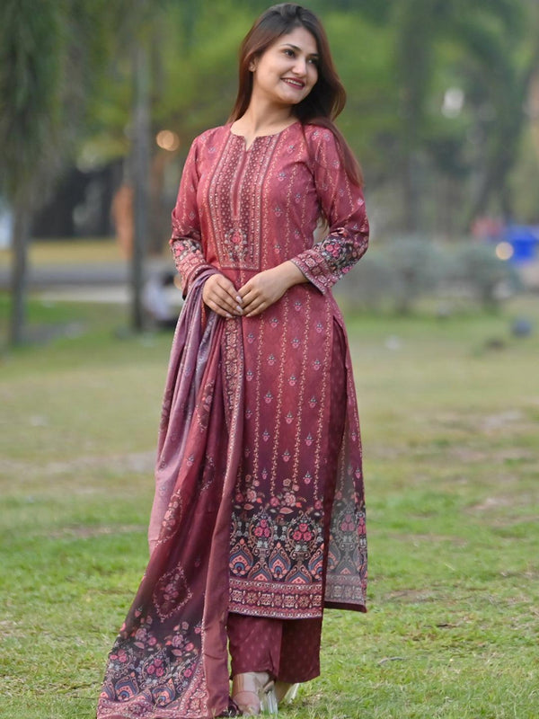 Maroon Printed Crepe Straight Kurta With Trousers & Dupatta - Jashvi