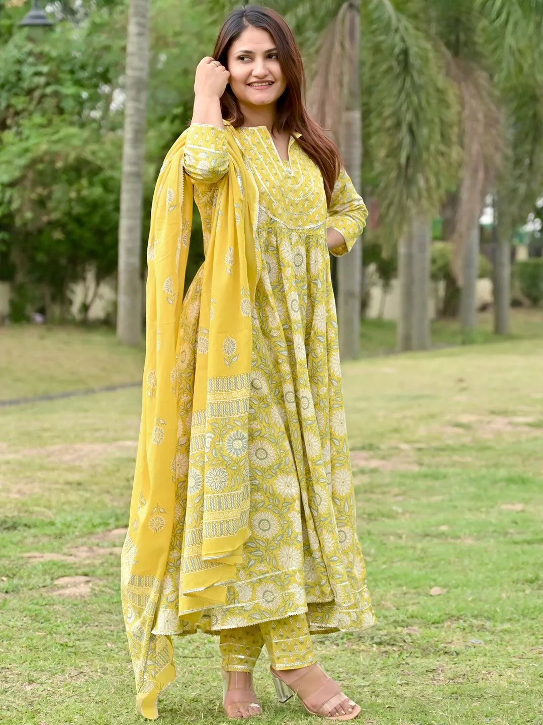 Yellow Yoke Design Cotton Anarkali Kurta With Trousers & Dupatta - Jashvi