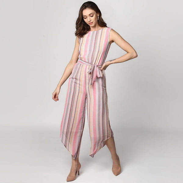 Women's Pink Stripe Asymmetric Hemline Jumpsuit - StyleStone