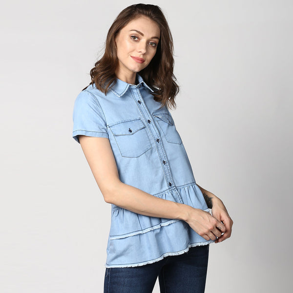 Women's Ice Blue Denim Peplum Top cum Shirt - StyleStone