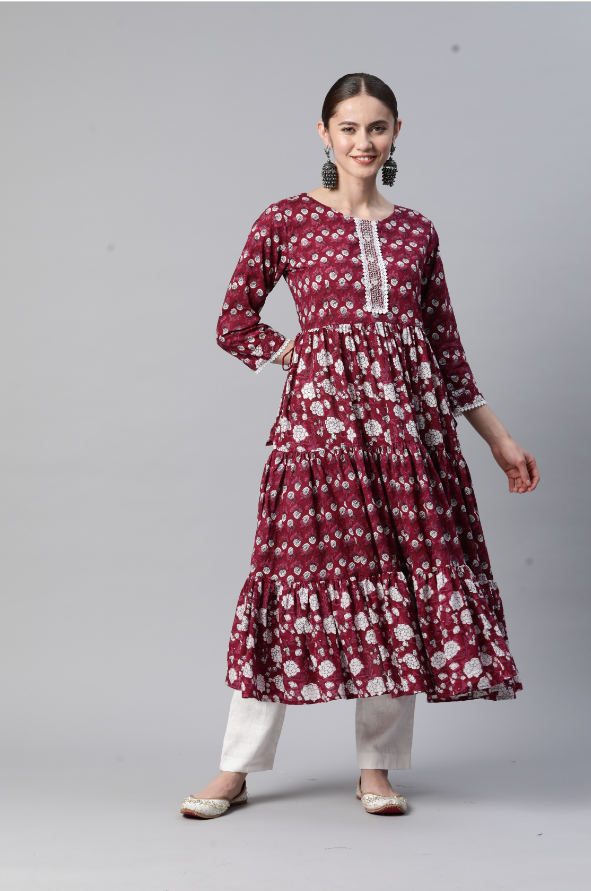 Women's Floral Printb & Lace Work Anarkali Cotton Dark Pink Stitched Kurta - Vbuyz