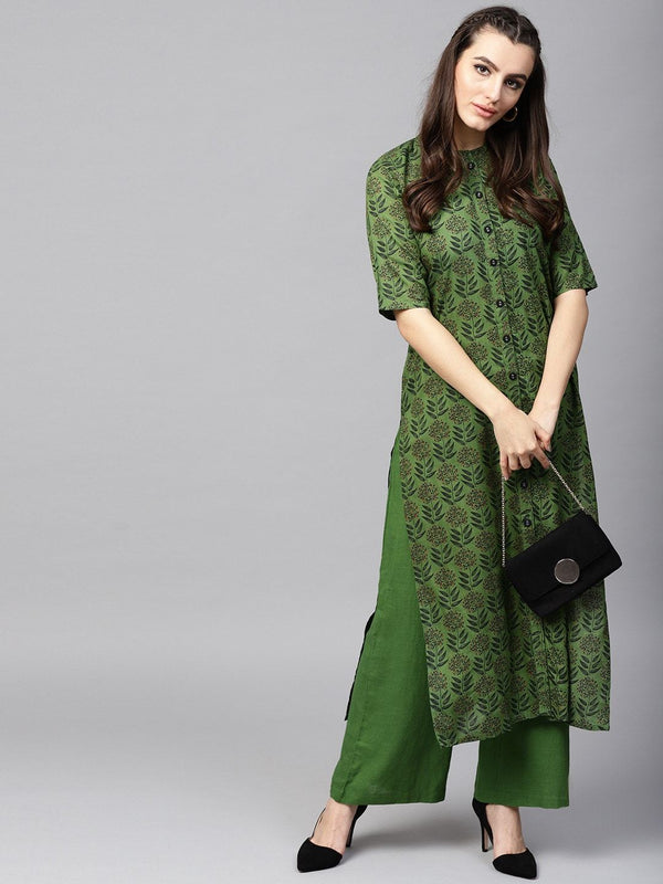 Women's  Green Printed Kurta with Palazzos - AKS