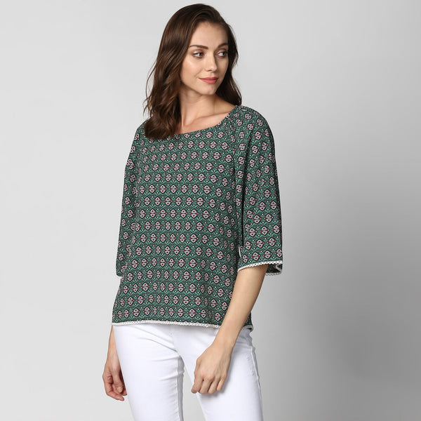 Women's Green Printed Polyester Top - StyleStone