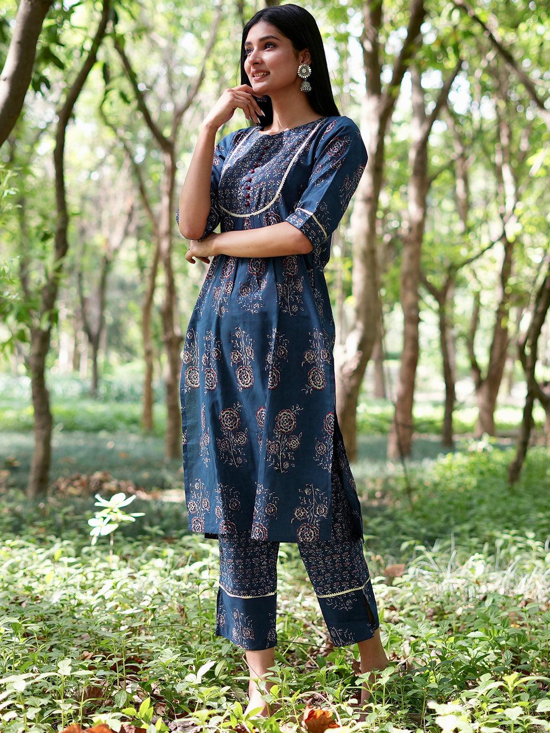 Blue Printed Cotton Straight Kurta With Trousers - Jashvi