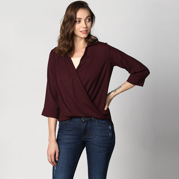 Women's Polyester Maroon Wrap Top - StyleStone