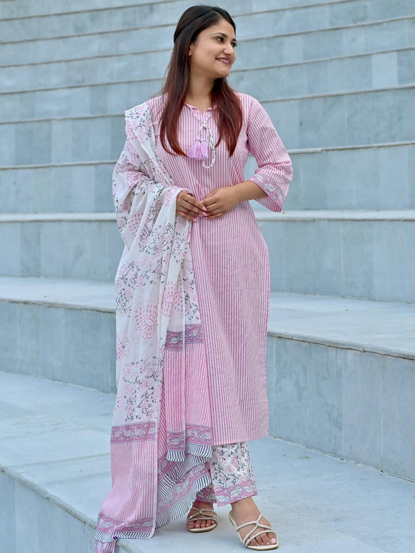 Pink Printed Cotton Straight Kurta With Trousers & Dupatta - Jashvi