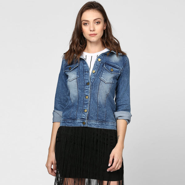 Women's Blue Washed Denim Jacket - StyleStone