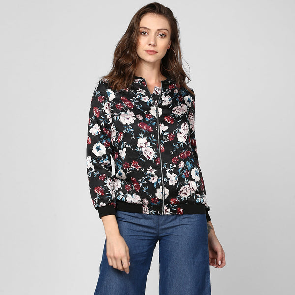 Women's Black Floral Printed Satin Jacket - StyleStone