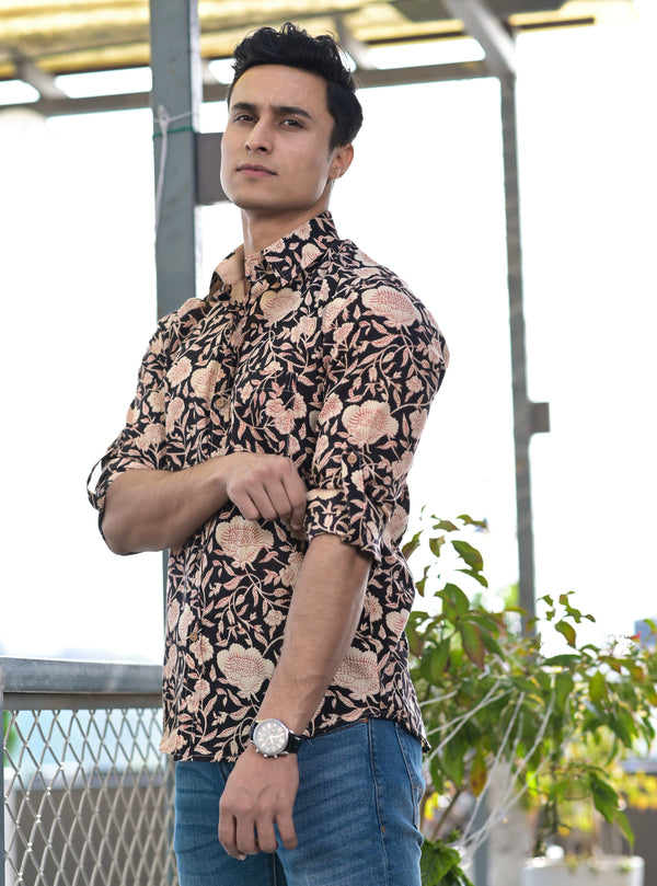 Men's Black Floral Hand Block Shirt - Hatheli