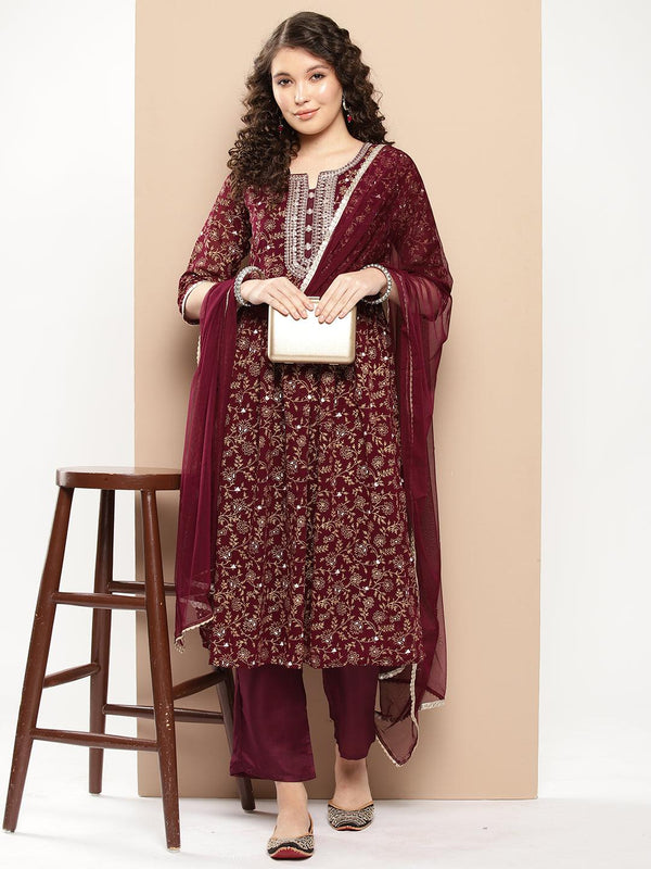 Burgundy Yoke Design Georgette A-Line Kurta With Trousers & Dupatta - Jashvi