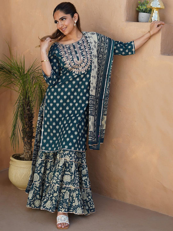 Teal Yoke Design Cotton Straight Sharara Suit Set With Dupatta