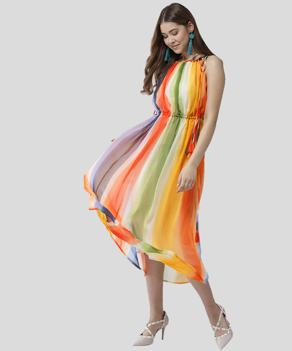 Women's Tie up Rainbow Print Maxi dress - StyleStone