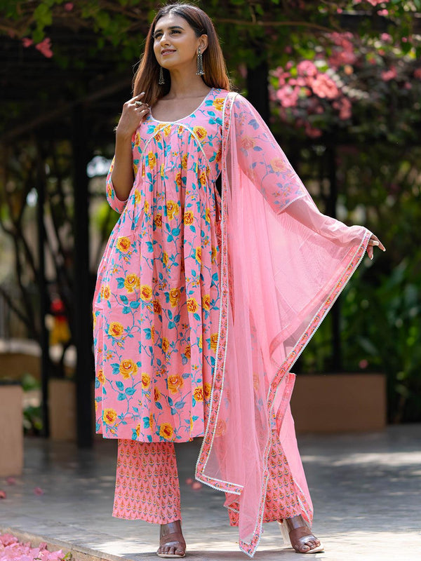 Pink Printed Cotton A-Line Kurta With Palazzos & Dupatta - Jashvi