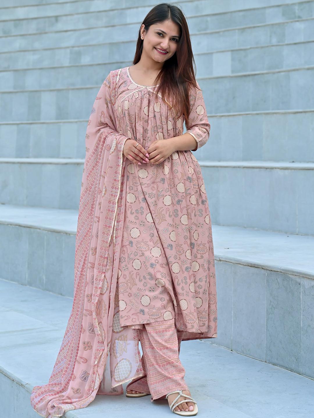 Pink Printed Silk Blend A-Line Kurta With Trousers & Dupatta - Jashvi