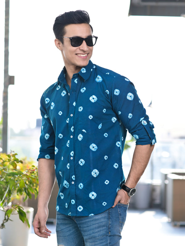 Men's Dark Blue Bandhani Cotton Shirt - Hatheli