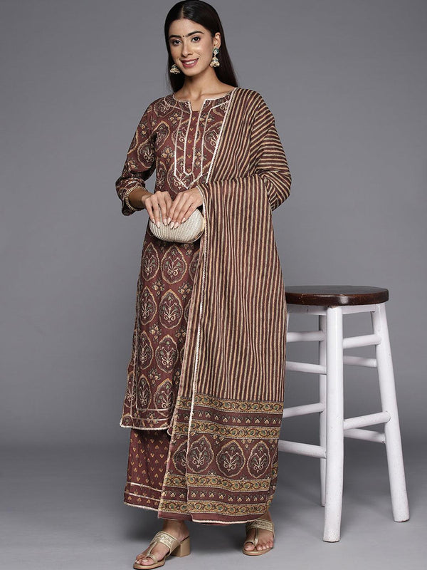 Brown Printed Cotton Straight Kurta With Trousers and Dupatta - Jashvi