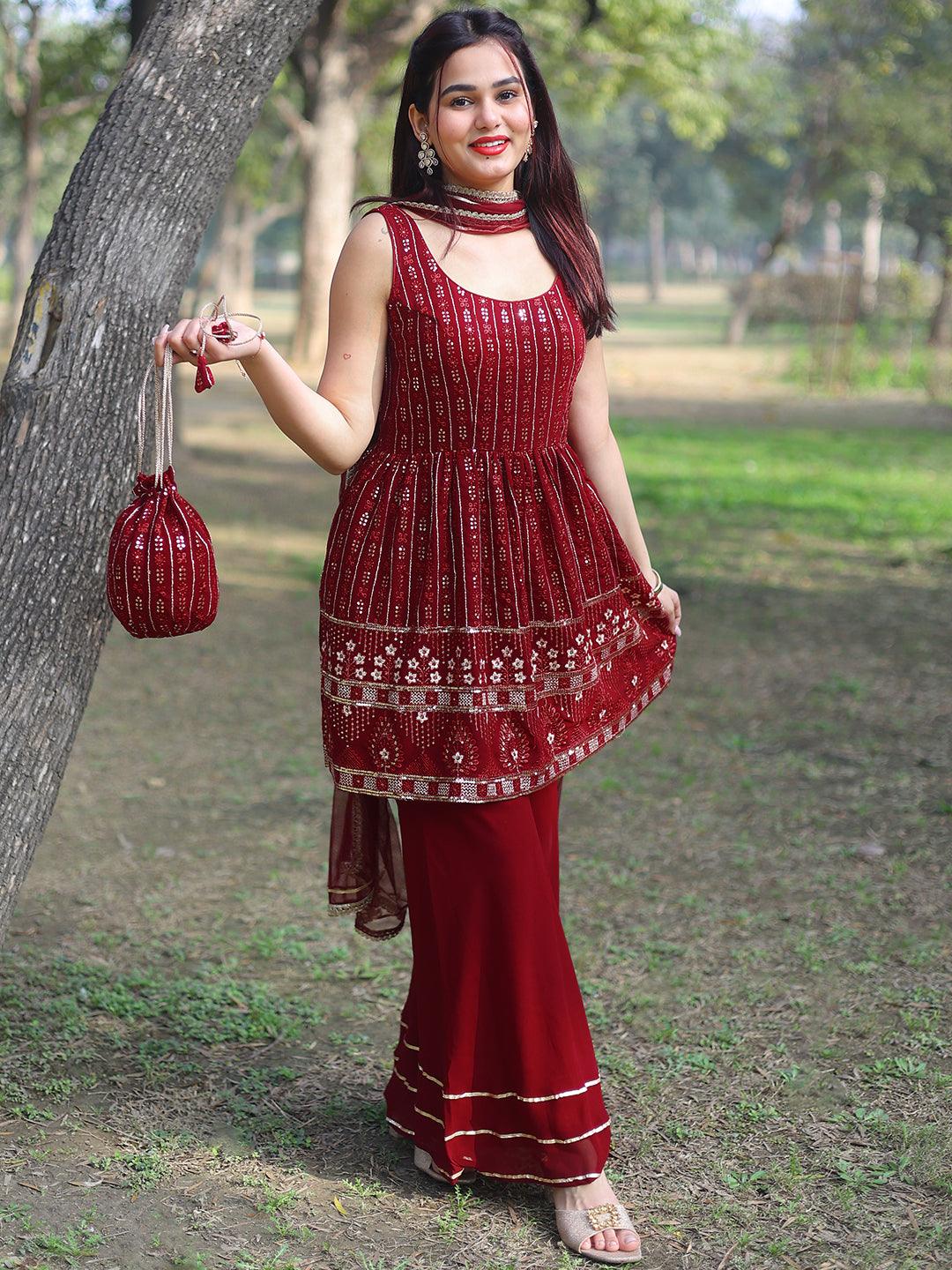 Maroon Embroidered Georgette A-Line Sharara Suit Set With Dupatta - Jashvi