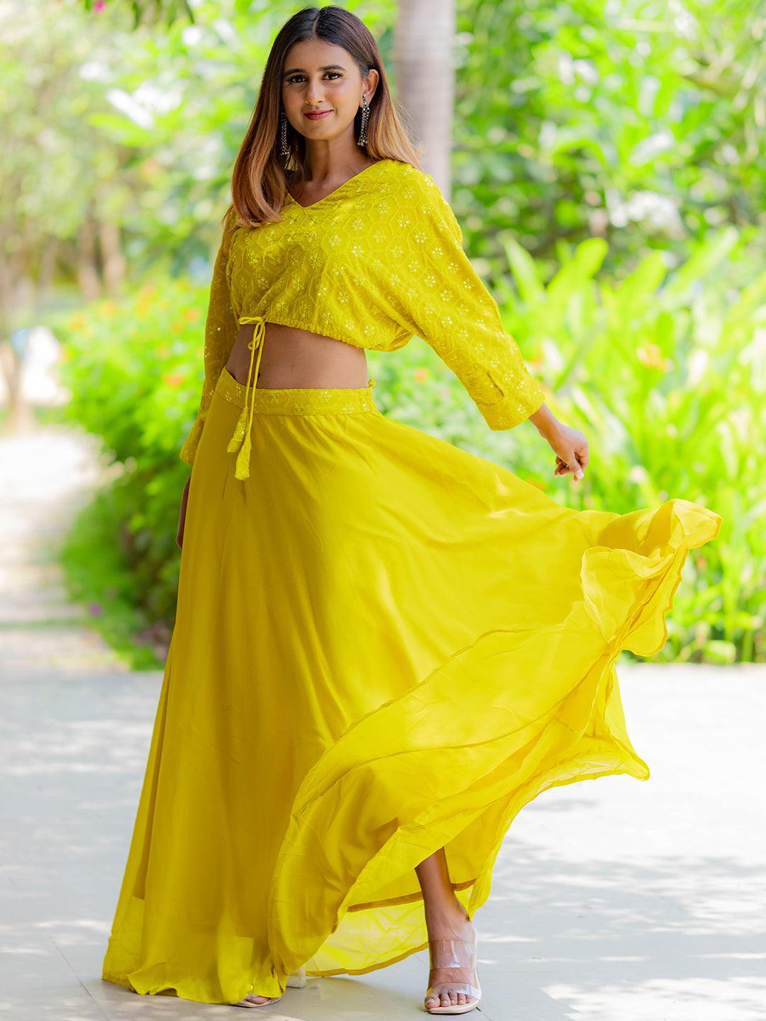 Mustard Embroidered Georgette Lehenga - Jashvi